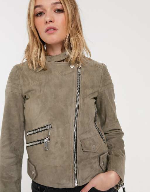 Collarless suede 2025 jacket womens