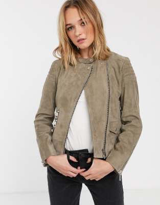 suede collarless jacket