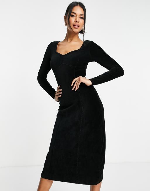 Whistles sweetheart neckline cord midi dress in black