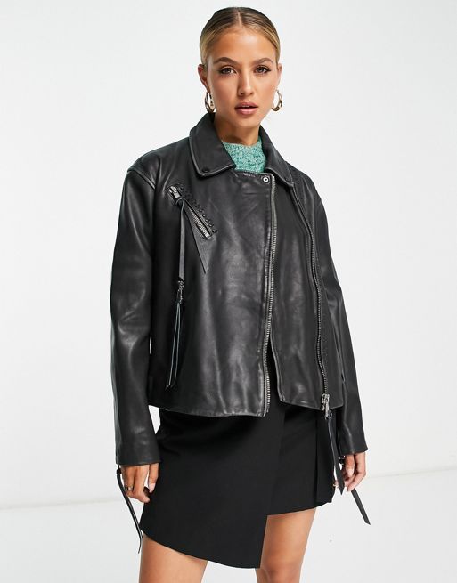 Whistles Tessa tumbled leather biker jacket in black | ASOS