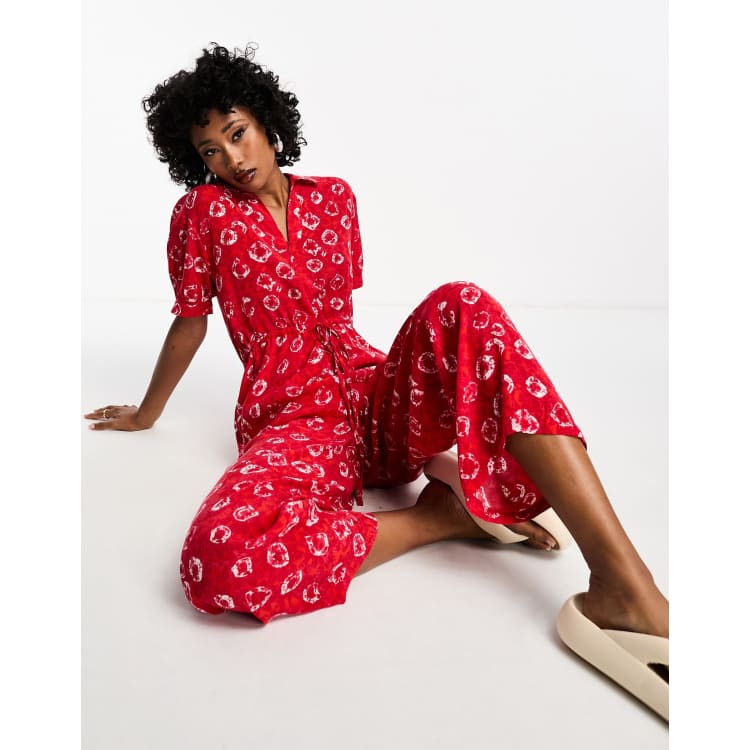 Whistles tie dye floral print loose fit jumpsuit in red ASOS