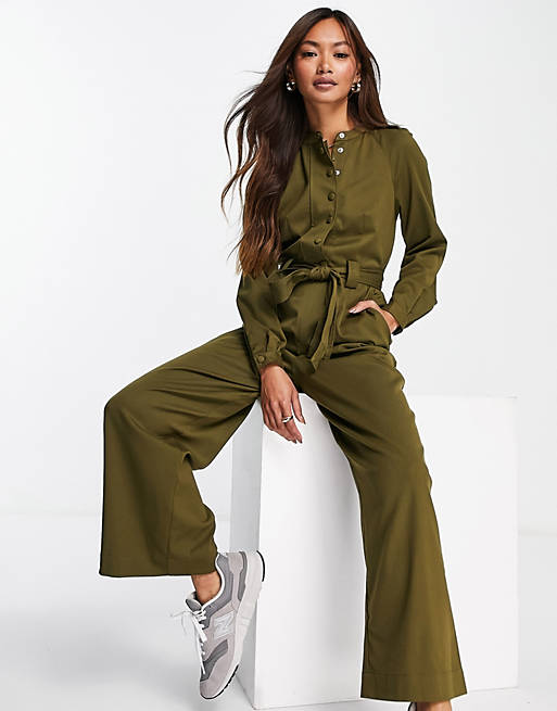 Whistles tie front jumpsuit in olive