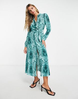Whistles tie front midi shirt dress in teal tiger print