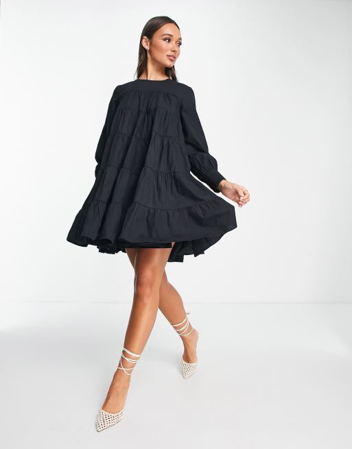 Whistles tiered mini smock dress in black