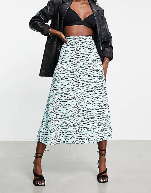 Women Whistles tiger print button front midi skirt in blue 