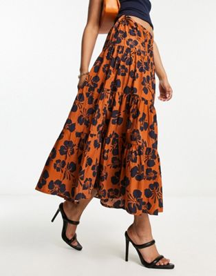 Whistles tropical floral tiered maxi skirt in brown - ASOS Price Checker