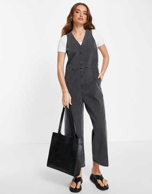 Whistles - Tuta jumpsuit senza maniche in denim nero con scollo a V