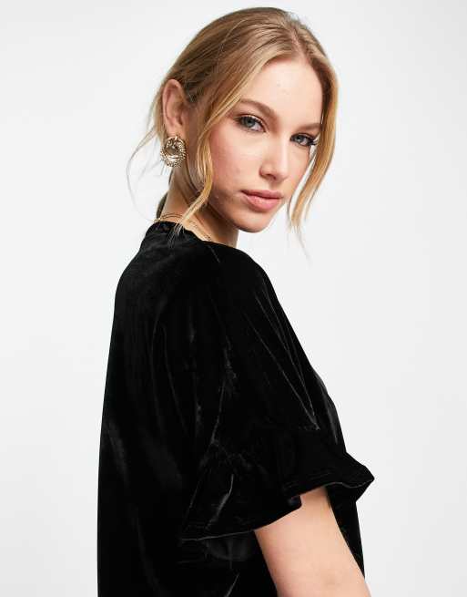 Whistles velvet frill sleeve mini dress in black, 4 of 4