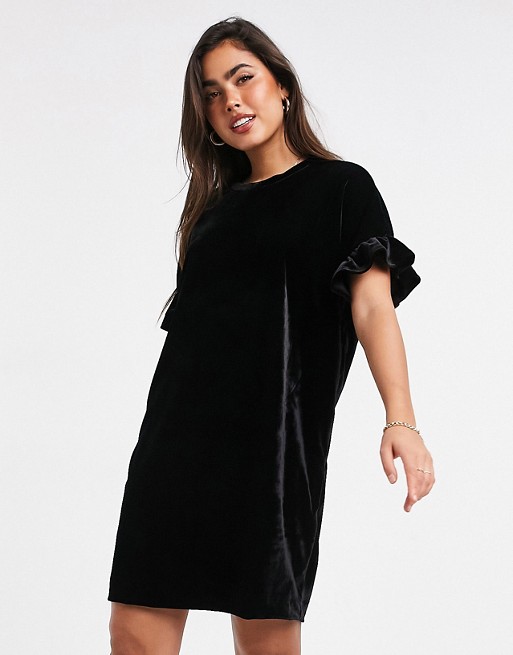 Whistles velvet frill sleeve mini dress in black