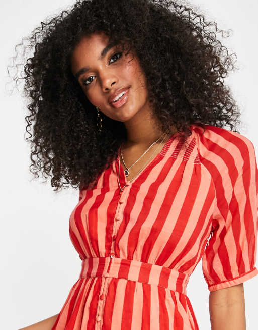 Whistles - Vestito camicia lungo in cotone rosso candy a righe con scollo a V, 2 di 4