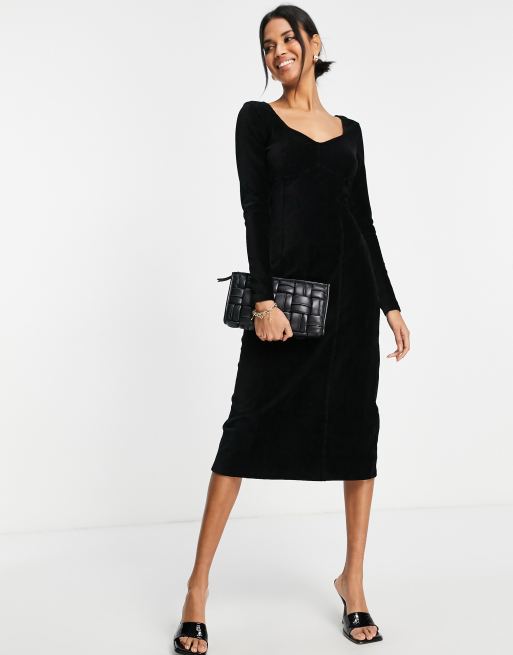 Whistles - Vestito midi in velluto a coste nero con scollo a cuore