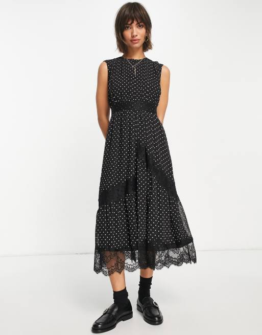 Whistles - Vestito midi nero a pois con pizzo