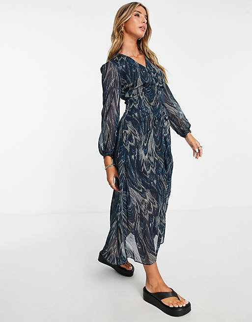 Whistles wave print ruched dress in blue