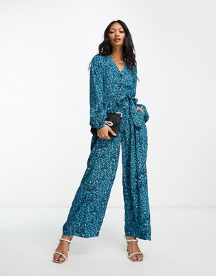 Whistles wide leg jumpsuit in blue ditsy floral