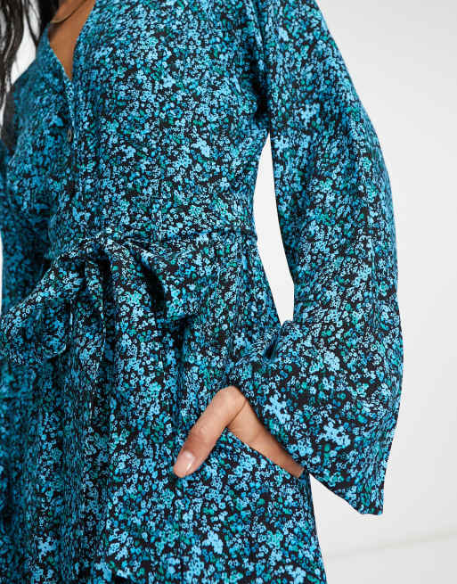 Long Sleeve Floral Shirt Romper Blue