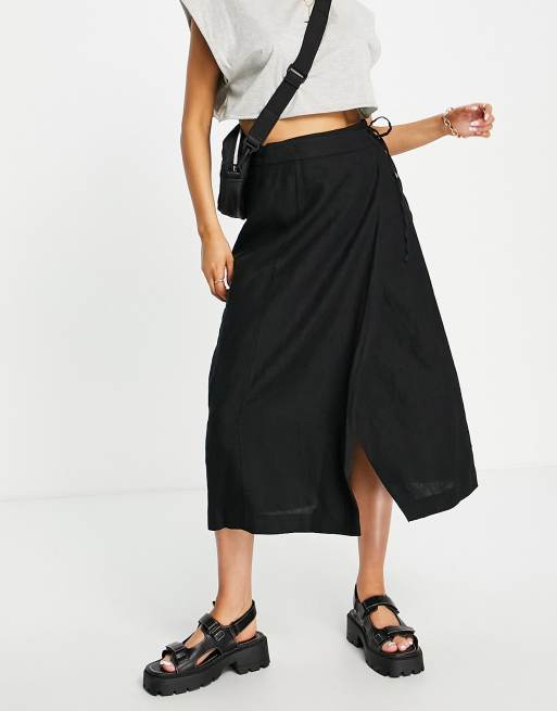 Whistles wrap detail linen midi skirt in black