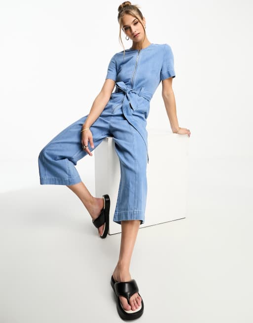 Whistles zip front short sleeve denim jumpsuit in blue ASOS