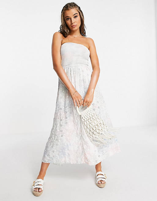 White Cabana broderie beach maxi dress with shorts in palm springs tie dye