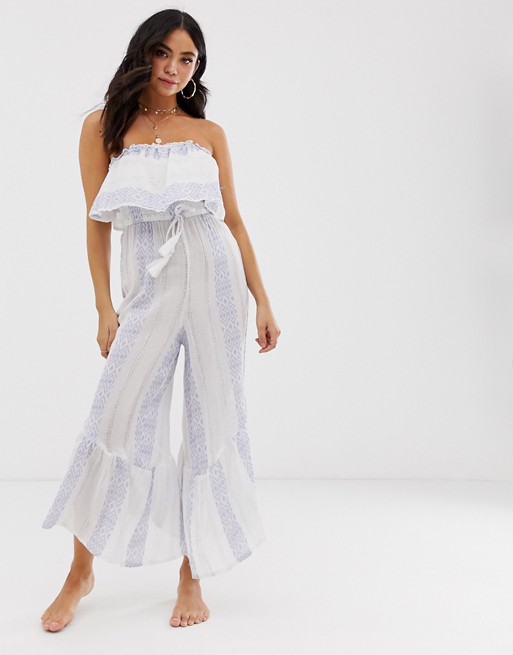 White Cabana flared jumpsuit in blue and cream