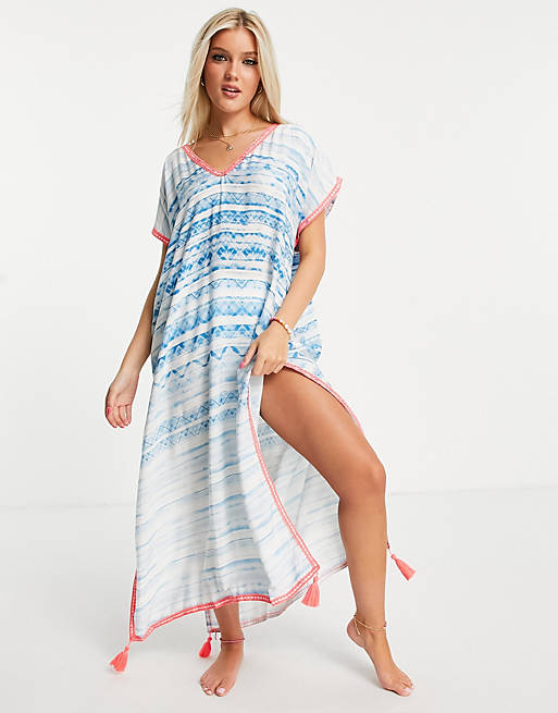 White Cabana maxi dress in blue water colour print