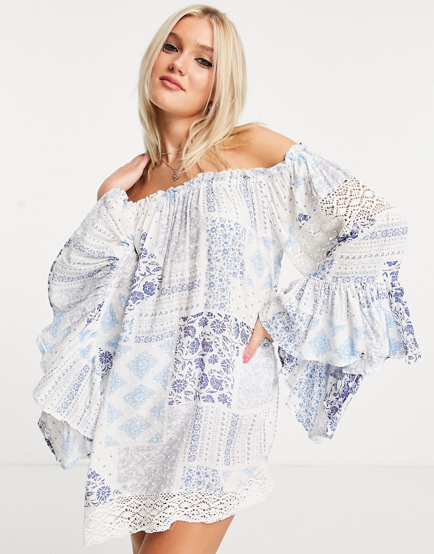 White Cabana off the shoulder beach dress in blue patch work print-Blues