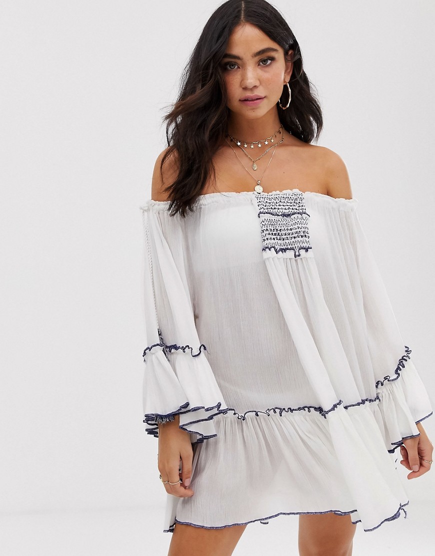 White Cabana wide sleeve cover up in white and blue