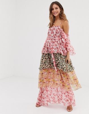 White Sand contrast off shoulder tiered maxi dress in floral print-Multi