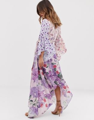 white sand contrast ruffle asymmetric midaxi dress in multi floral