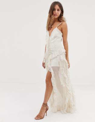 White Sand lace ruffled strappy maxi dress in vintage cream