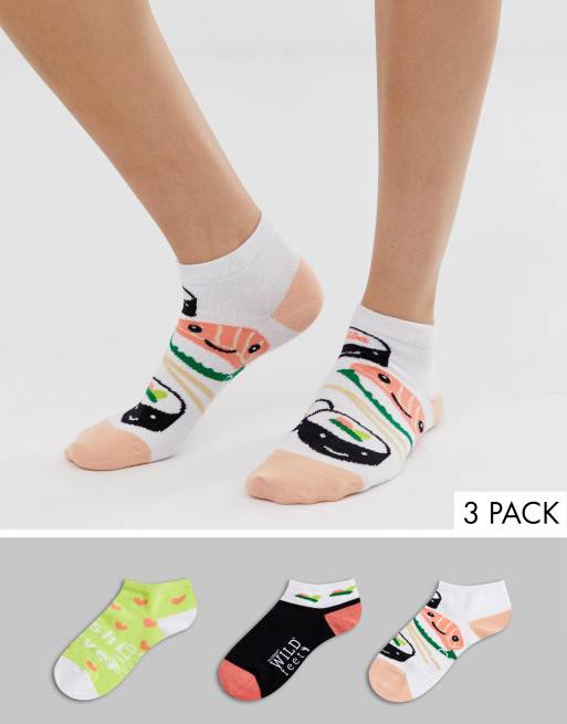 Wild Feet Sushi trainer 3 pack socks in multi