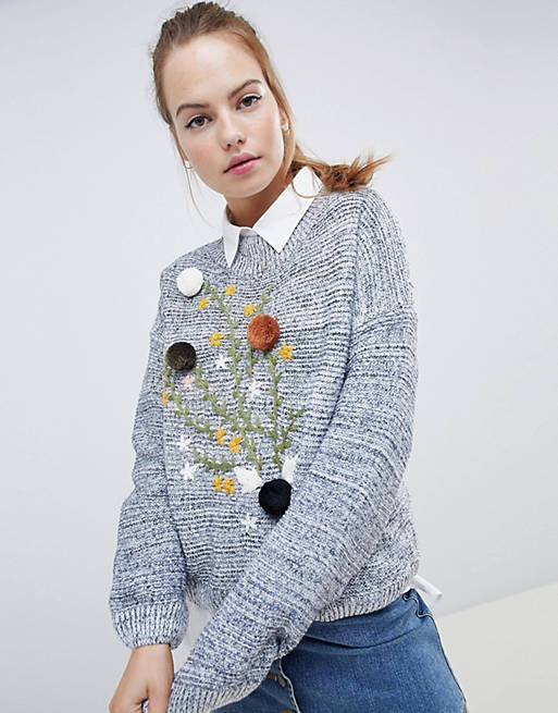 Wild Flower Sweater With Pom Pom and Floral Embroidery