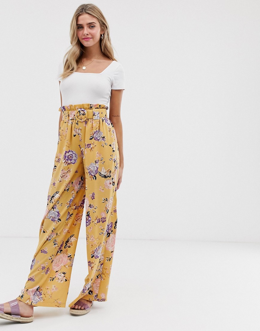 Wild Honey extreme wide leg trousers with paper bag belted waist-Yellow