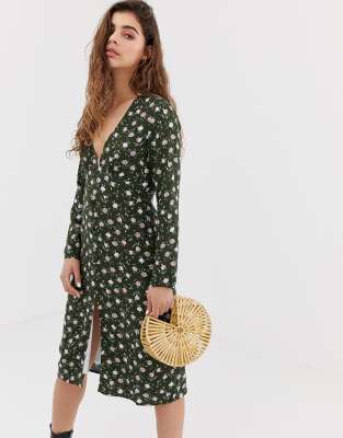 Wild Honey long sleeve midi tea dress in vintage floral-Green