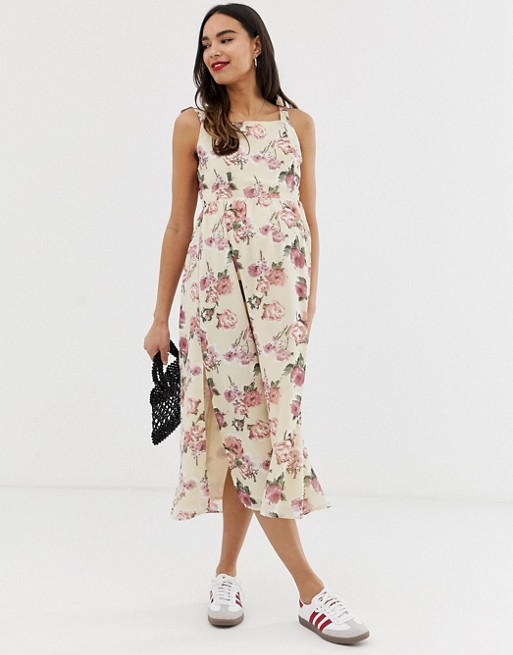 Wild Honey Maternity tie shoulder maxi dress with shirring in rose floral