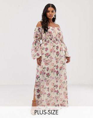 Wild Honey Plus - Lange bardot-jurk met rozenprint-Beige