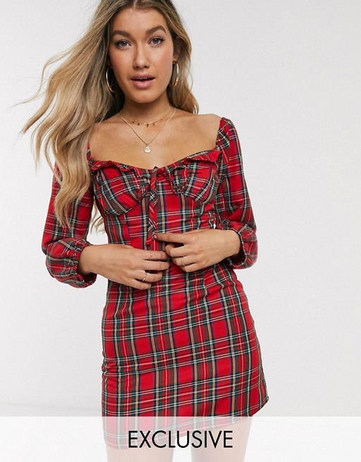 Wild Honey square neck tea dress with structured bodice in tartan