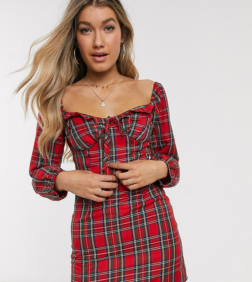 Wild Honey square neck tea dress with structured bodice in tartan