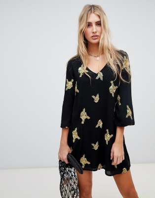 Wild Honey Swing Dress With All Over Embroidery-Black