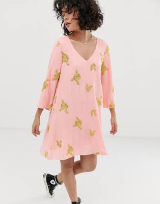 Wild Honey swing dress with all over embroidery-Pink