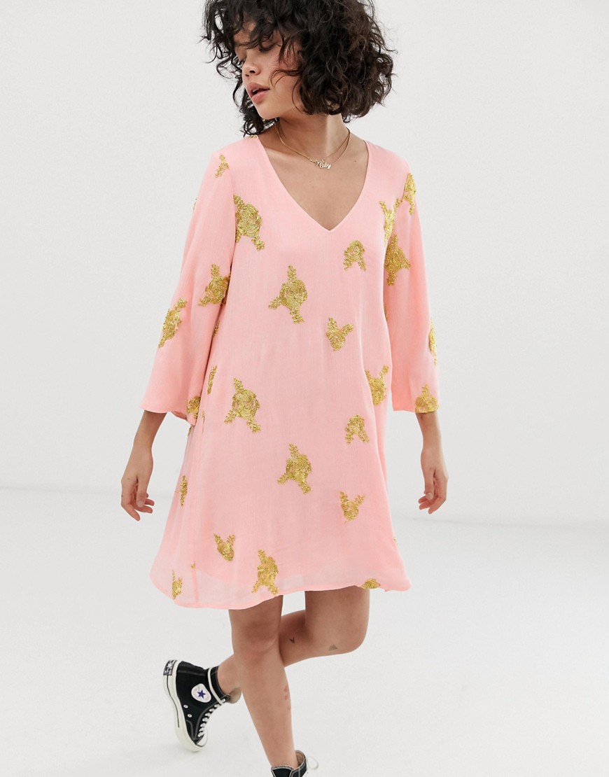 Wild Honey swing dress with all over embroidery-Pink
