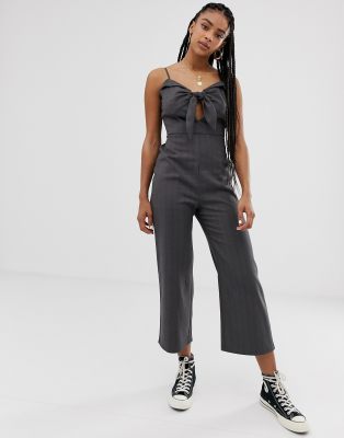 Wild Honey tie front cami jumpsuit in pinstripe-Grey