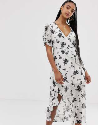 Wild Honey wrap midi dress in floral-White