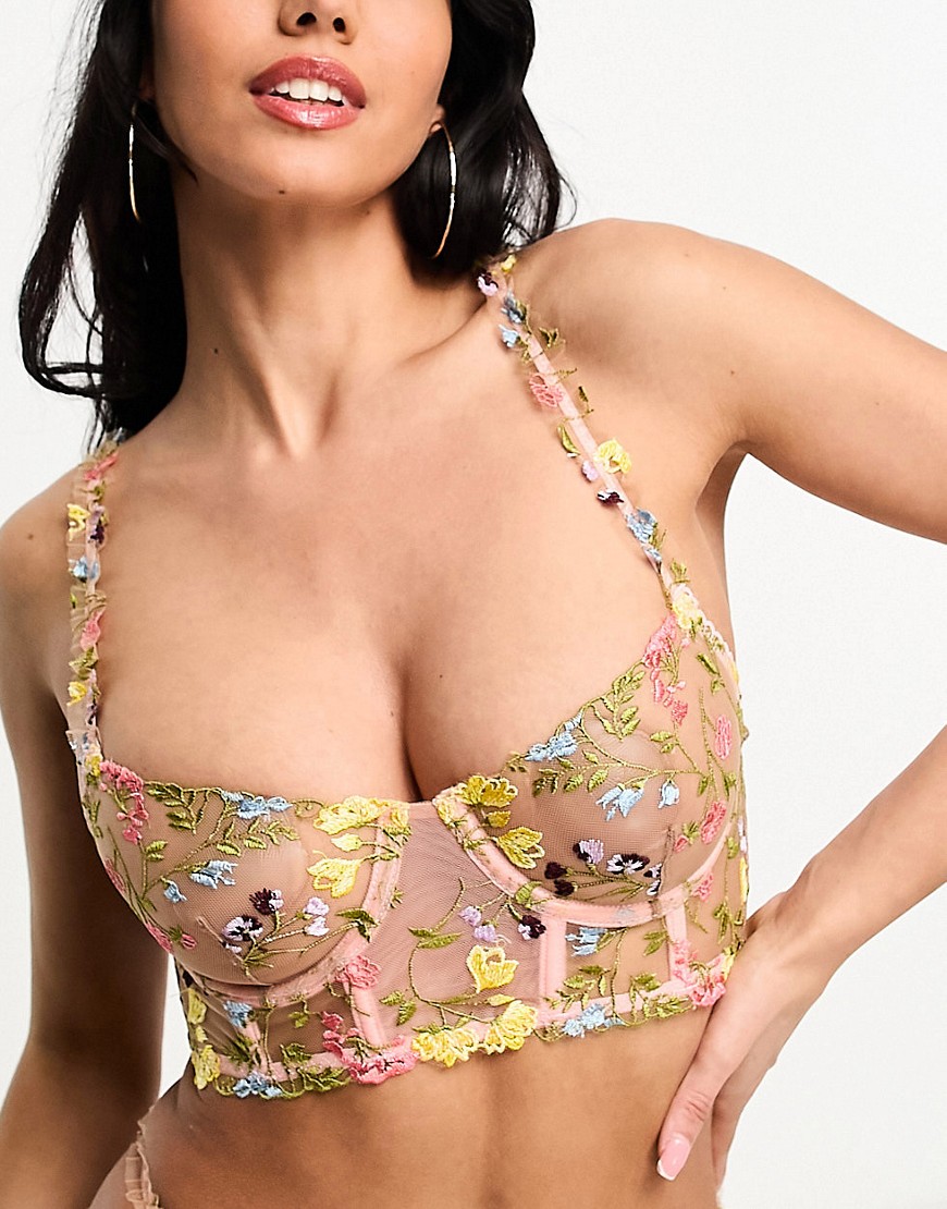 Wild Lovers A-D Georgia underwired longline bra in floral embroidery-Multi
