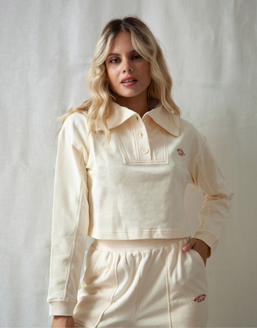Wild Lovers Amsterdam organic cotton button front crop logo lounge sweat in cream - part of a set-White