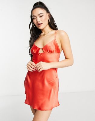 Beverley satin mini chemise with jewel button detail in red