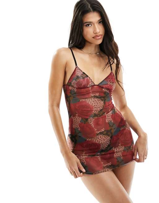 Wild Lovers exclusive printed rose mesh slip dress in red