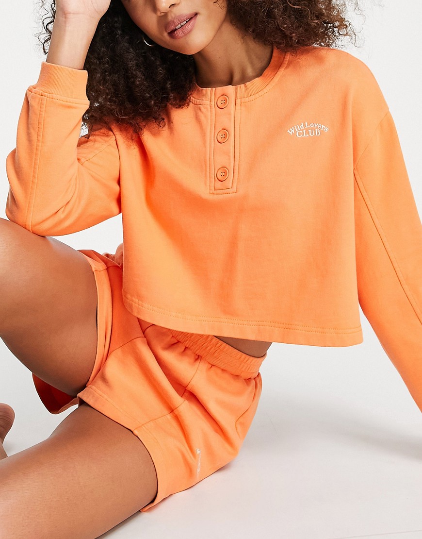 Wild Lovers London organic cotton button front crop lounge sweat co-ord in orange