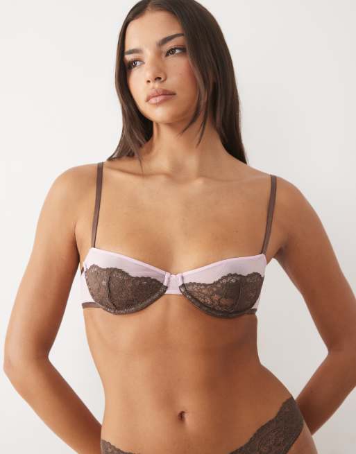 Wild Lovers Lulu bra and thong set in pink with brown lace, 3 of 3