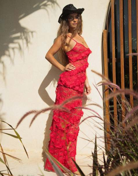 Wild Lovers Mermaid maxi beach skirt with lace detail in red