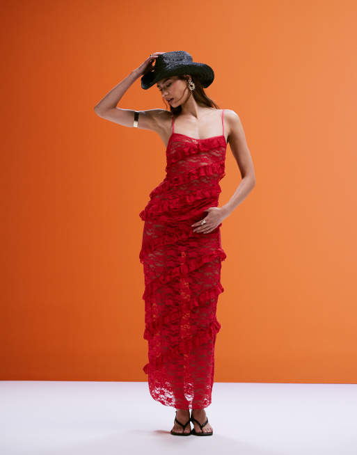Wild Lovers Mermaid maxi beach skirt with lace detail in red, 4 of 5